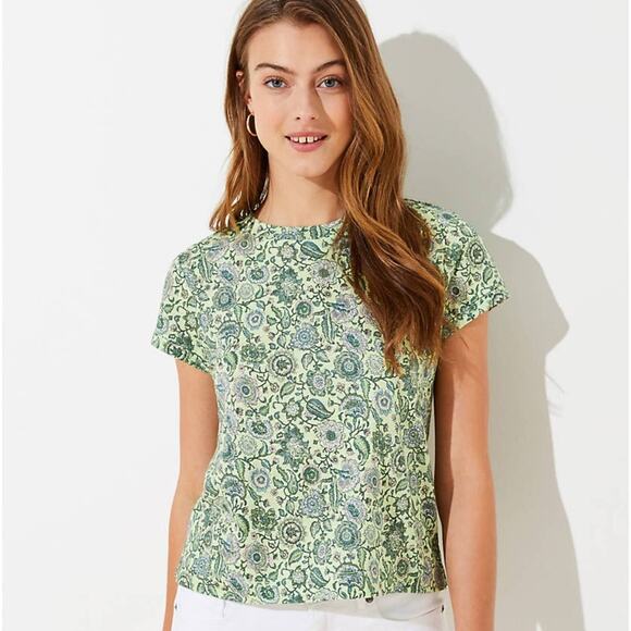 NWT LOFT Green Floral Short Sleeve Cotton Crewneck Tee - SIZE XS - Picture 6 of 10